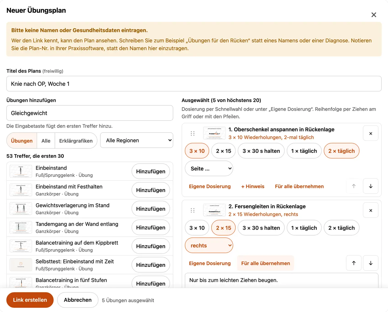 Editor „Neuer Übungsplan“ mit Suche, Trefferliste und fünf ausgewählten Übungen mit Dosierung