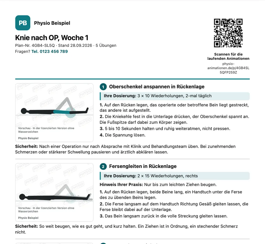 Handzettel mit Praxislogo, Plan-Nr., QR-Code, Standbildern, Dosierung, Kurzanleitung und Sicherheitshinweis