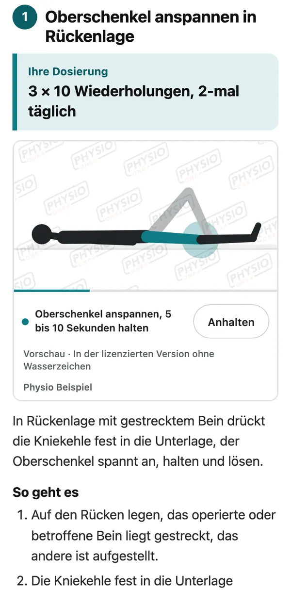 Patientenseite auf dem Handy: Übung mit „Ihre Dosierung“, laufender Animation und Praxisname