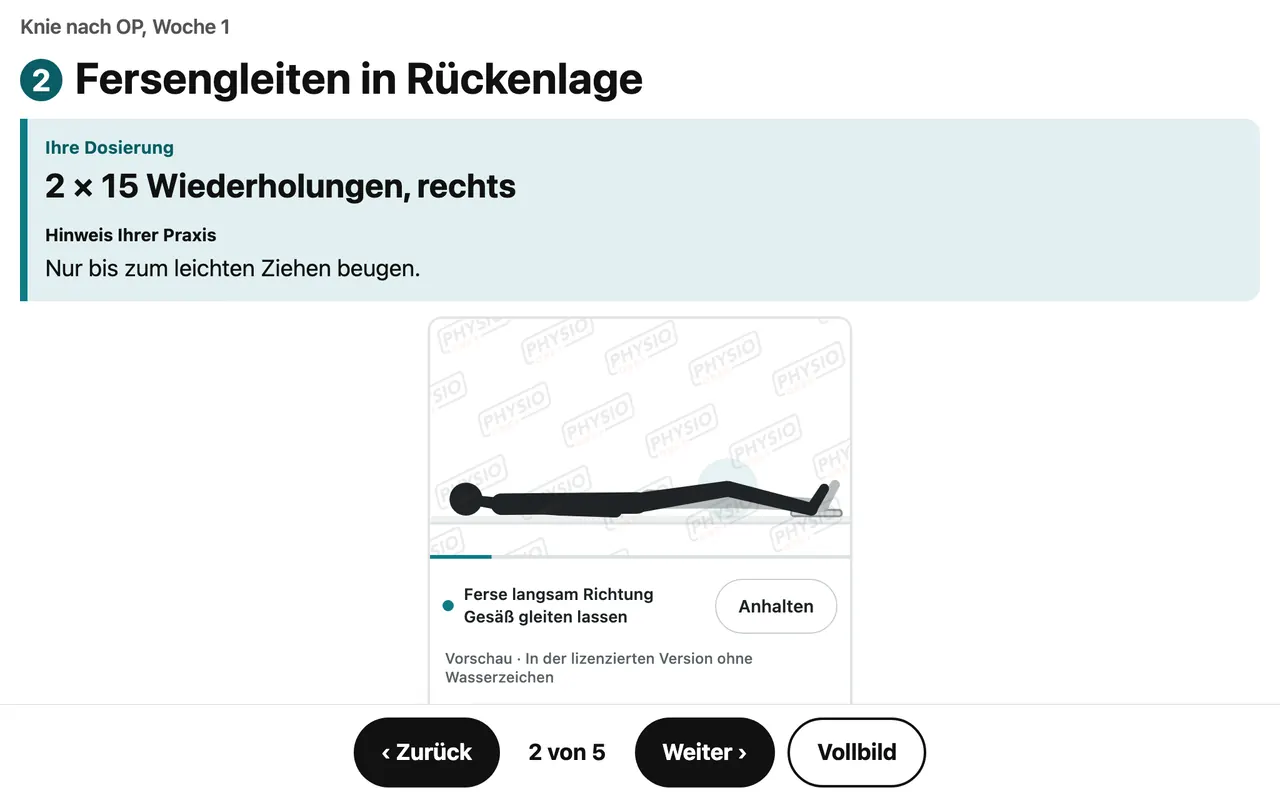 Übung mit Dosierung „2 × 15 Wiederholungen, rechts“ und dem Hinweis der Praxis über der Animation, im Präsentationsmodus