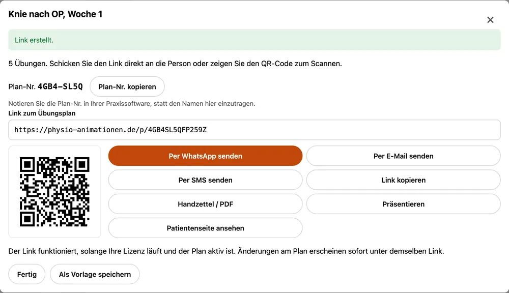 Plan teilen: Plan-Nr., Link, QR-Code und Knöpfe für WhatsApp, E-Mail, SMS, Handzettel und Präsentieren